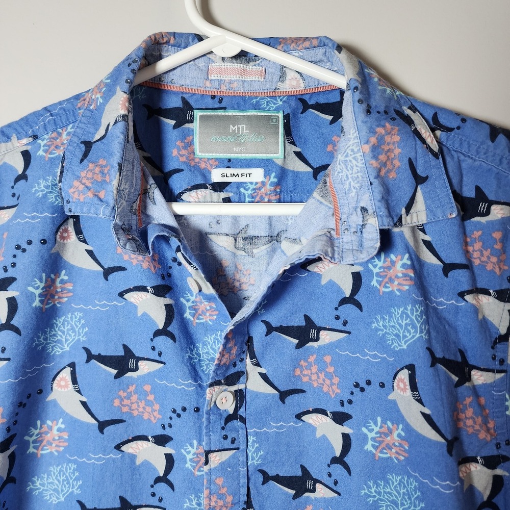 MTL‎ Shark Print Shirt Mens Small Blue Slim Fit Short Sleeve Fish Ocean Nautical